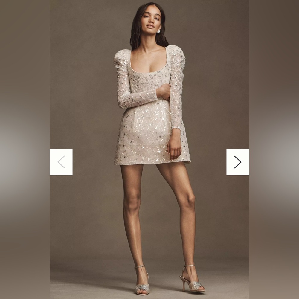 Watters Sparkler Puff-Sleeve Scoop-Neck Sequin Embroidered Mini Dress
